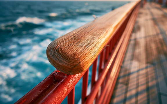 Wooden handrail on red ship railing with sea background