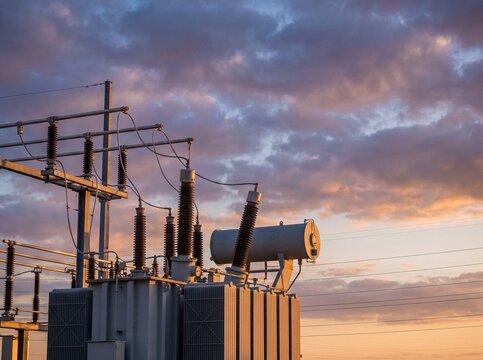 High-voltage electrical substation transformer with ceramic insulators at dramatic dawn