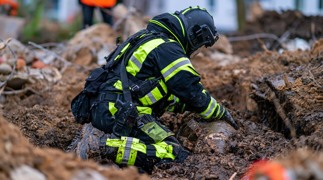 Medium stock photo showing a bomb disposal technician from behind in a bulky blast suit and protective helmet, kneeling carefully in a muddy excavation pit near a large inert 250kg unexploded ordnan