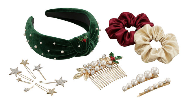 Set of elegant christmas themed hair accessories including headbands scrunchies and decorative hair clips for festive holiday season styling transparent background