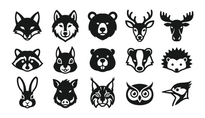 Obraz premium Set of black and white woodland animal head icons isolated on a white background for design projects