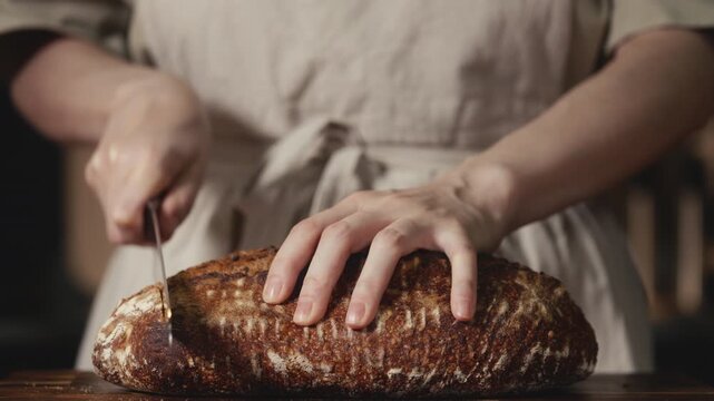 Close-up of baker in rustic linen apron slicing freshly baked artisan sourdough bread with knife on wooden cutting board. Homemade crusty loaf for breakfast, bakery promos, and healthy food concepts.
