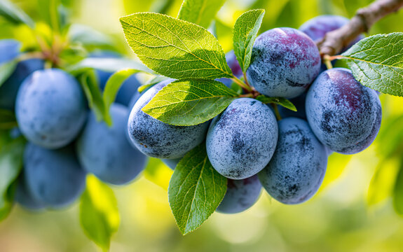 Ripe blue plums hanging on tree branch in orchard
