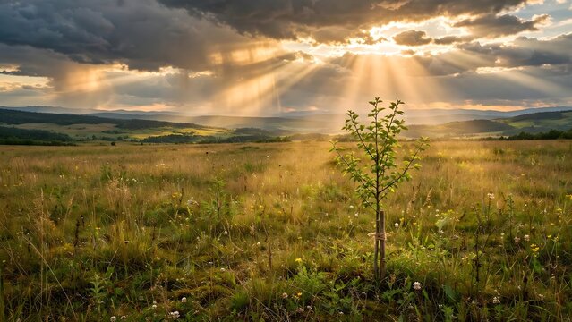 A young tree grows in an open meadow beneath dramatic rays of sunlight