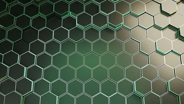 Abstract background featuring a futuristic pattern of metallic green glowing hexagonal honeycomb geometric tiles