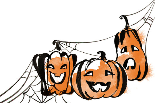 Cute Halloween pumpkin characters with spider web and copy space for seasonal design