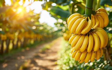 Obraz premium Yellow banana bunch hanging on tree in tropical plantation