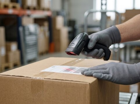 Warehouse worker scanning barcode on cardboard box with handheld laser reader during inventory check.   