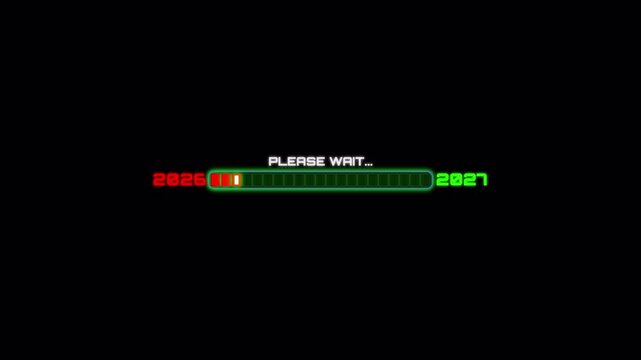 Digital loading progress bar showing the transition from year 2026 to 2027 with a please wait text on a  overlay Transparent  screen for new year concepts