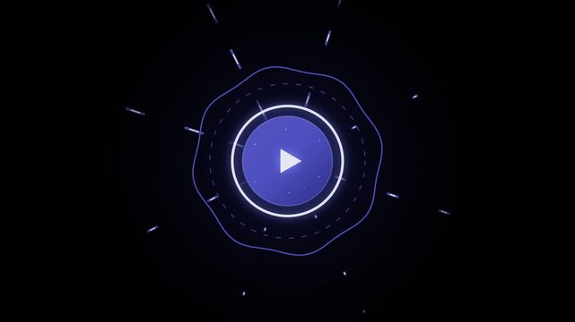 Blue circular play button rotates within a polygonal frame on a black background.