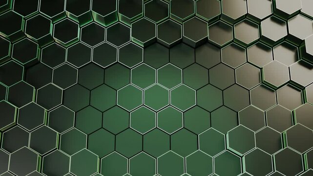 A 3d render featuring a geometric pattern of dark green hexagonal shapes with lighting