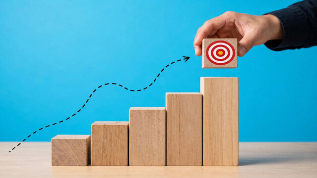Businessman hand placing target icon on top of wooden blocks stairs for business growth strategy, career development goals, economic progress, corporate success and mission achievement