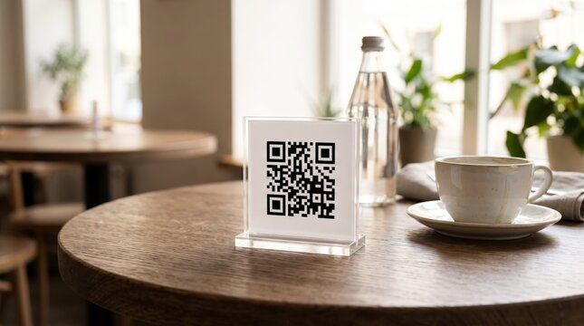 QR code menu in acrylic stand on wooden table in modern cafe beside coffee cup.   