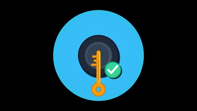 Sleek 2D vector motion graphic of a golden house key turning smoothly inside a minimalist front door lock, followed by a checkmark badge appearing, isolated on an alpha channel.