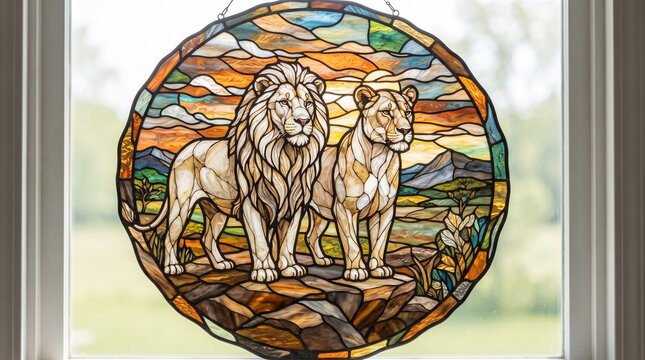 Stained glass lion and lioness window art, circular glass suncatcher with African savanna wildlife, decorative mosaic animal panel in warm earth tones