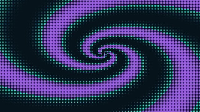 Spiral halftone vortex pattern with purple and teal dots on a dark navy background, creating a dynamic, swirling motion effect