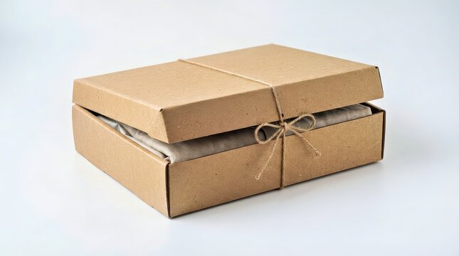 Brown Kraft Cardboard Gift Box Tied With Twine on White Background