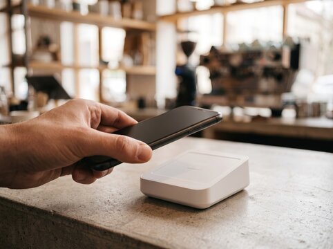Customer paying contactless with smartphone over wireless reader at modern cafe counter, close-up view.   