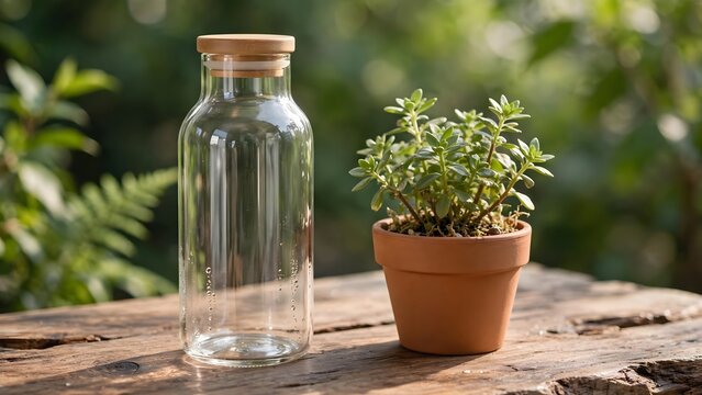 A reusable glass bottle and potted plant represent sustainable everyday living