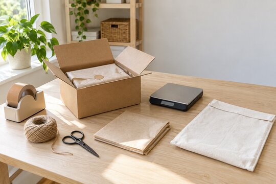 Sustainable small business order packing station with copy space