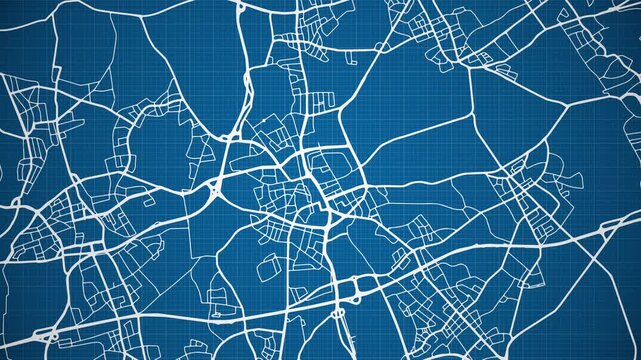 Ink reveal animation of Aachen (Oche) city, state of North Rhine-Westphalia, Germany, grid map. Aerial top view. Blueprint style. White lines with blue background. 4K Seamless loop.
