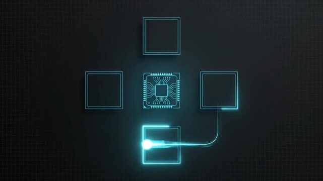 Electronic Circuit Diagram Illustration Showing Central Chip Connected to Surrounding Squares In Blue Neon Setting