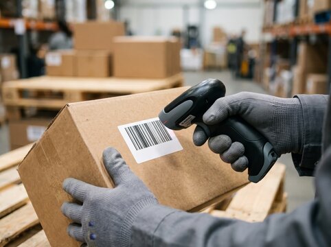 Warehouse worker scanning barcode on cardboard box with handheld laser reader during inventory check.   
