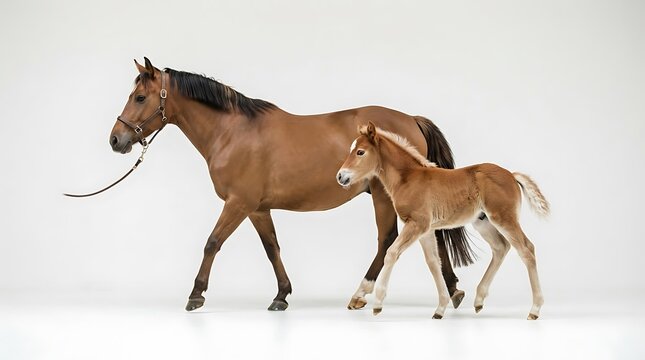 A majestic brown horse walks alongside its adorable foal, showcasing a beautiful bond between parent and offspring on a white background