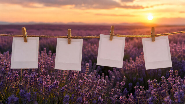Four empty instant photo frames hanging on a clothesline in a beautiful lavender field at sunset