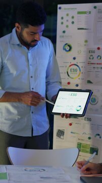 Vertical Screen : Group diverse Asia businesspeople talk ESG strategies risk management workshop night, SDGs, global warming, green finance and investment and net zero waste in boardroom building.
