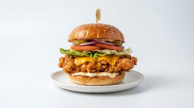 Crispy chicken burger with melted cheese, fresh lettuce, tomatoes, and pickles on a plate