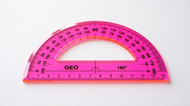 Pink plastic semi circular protractor isolated on white background.