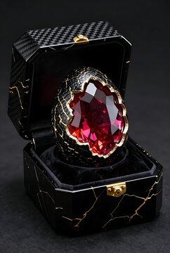 Abstract vertical 3D luxury concept featuring single opened black obsidian dragon egg holding giant faceted ruby crystal inside jewelry box