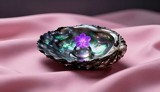 Abstract luxury beauty background with single iridescent mother of pearl seashell holding crystal amethyst flower over pink silk waves