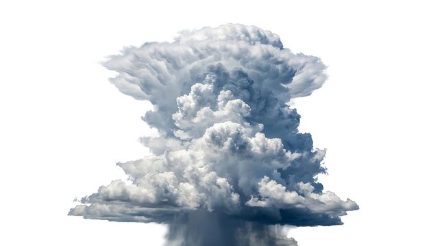Powerful mushroom cloud of a nuclear explosion or massive smoke plume isolated on a white background for disaster and energy concepts