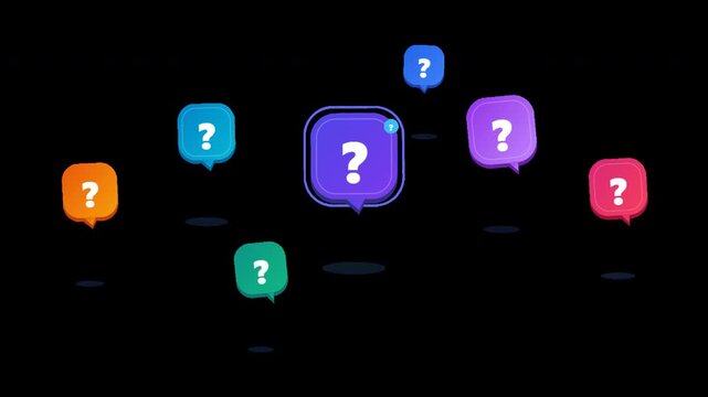 Colorful 3D question mark speech bubbles floating on black background for FAQ concept