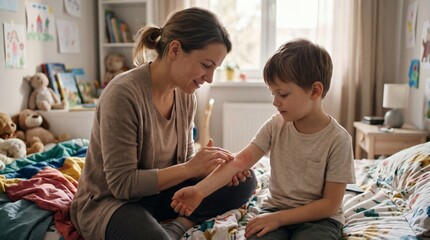 Obraz premium Maternal warmth and parent-child emotional bonding: affectionate mother having a loving supportive conversation with her young son on living room sofa. Detailed clinical photography image.