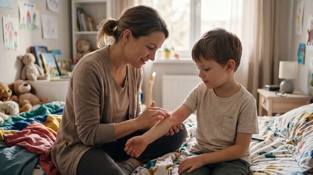 Maternal warmth and parent-child emotional bonding: affectionate mother having a loving supportive conversation with her young son on living room sofa. Detailed clinical photography image.