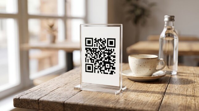 QR code menu in acrylic stand on wooden table in modern cafe beside coffee cup.   