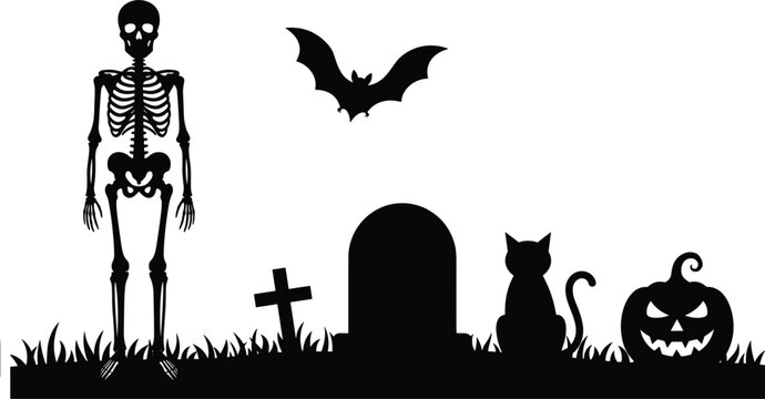 Spooky Halloween horizontal border silhouette with skeleton flying bat graveyard tombstone scary cat and jack o lantern