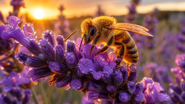 Macro shot of a honey bee gathering nectar on purple lavender flowers at sunset