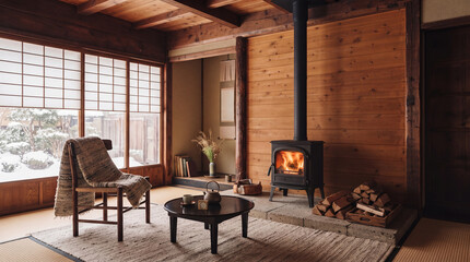 Obraz premium 日本語: 雪景色を望むリノベーション古民家の居間と薪ストーブのある温かいインテリア｜Cozy winter living room in a renovated Japanese house with wood burning stove and snow view