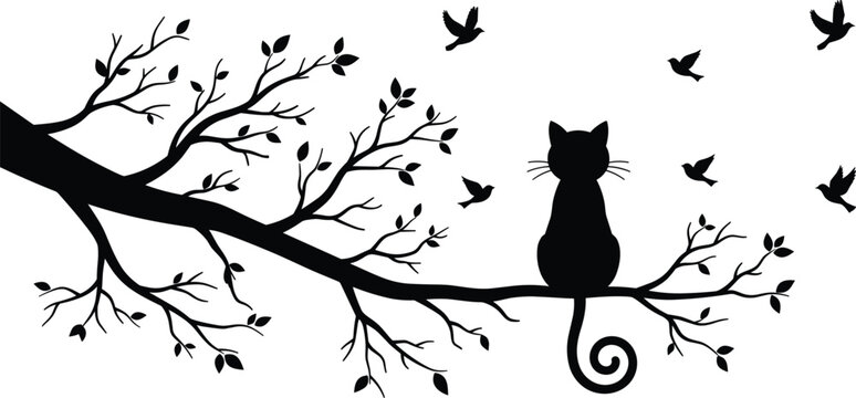 Cute cat silhouette sitting on a leafy tree branch watching flying birds vector wall decal design