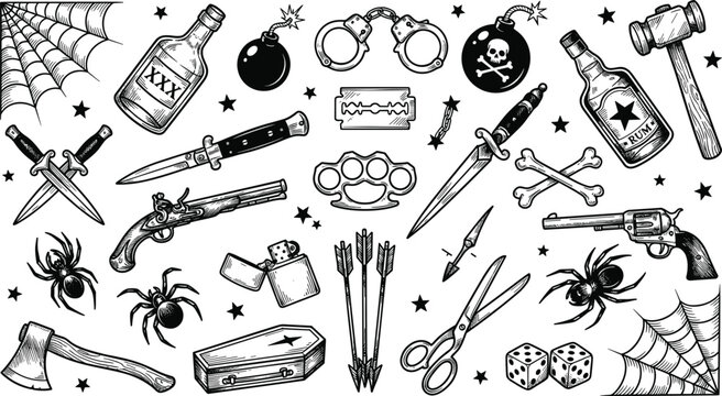 Vintage old school tattoo flash set featuring retro hand drawn dangerous criminal elements and outlaw symbols