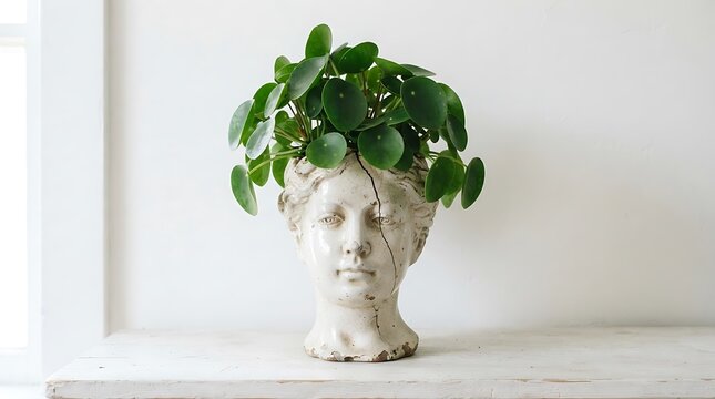 Elegant houseplant Pilea peperomioides growing inside a classical Greek ceramic head bust planter on a rustic white table against a clean wall