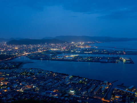 Night view of Takamatsu city and Seto Inland Sea from Shishi no Reigan observatory on Yashima - Kagawa prefecture, Japan