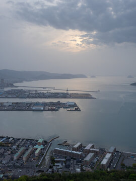 View of Takamatsu city and Seto Inland Sea at dusk from Shishi no Reigan observatory on Yashima - Kagawa prefecture, Japan