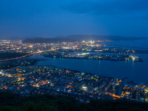Night view of Takamatsu city and Seto Inland Sea from Shishi no Reigan observatory on Yashima - Kagawa prefecture, Japan