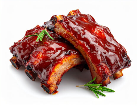 Barbequed short ribs with a tangy barbecue sauce, white background.
