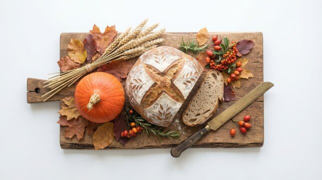 Fresh loaf of crusty sourdough bread with mini pumpkins and dried wheat on a rustic wooden board